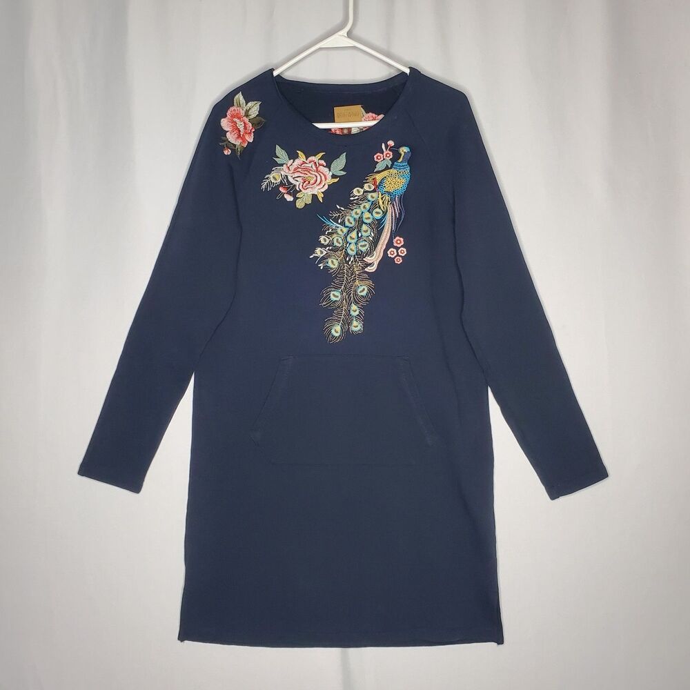 Sundance Driftwood Layla Dress Large Embroidery Peacock Fleece Tunic Classic Fit